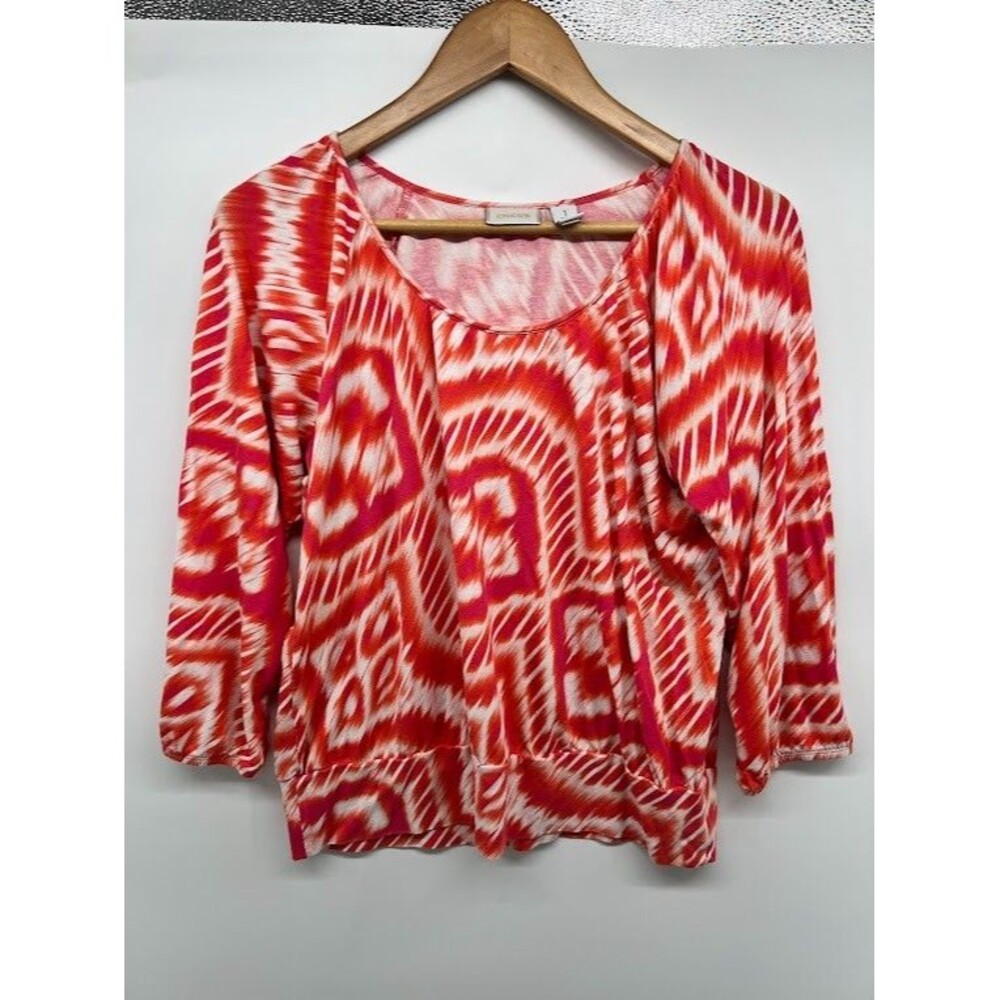 Chico's Knit‎ Tunic Top Size 1 ( Medium ) 3/4 Sleeves Orange Ikat Pattern